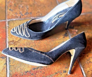 Vtg Spanish Leather Collection Sergio Zelcer Black Gold Embroidered Heels 6.5M - Picture 1 of 6