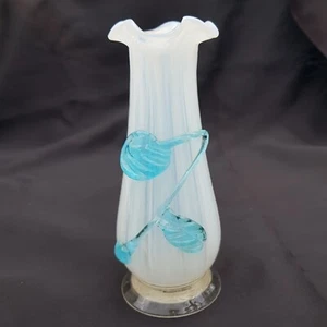 White Opalescent over clear Glass Vase with applied blue foliage ruffled top - Picture 1 of 15