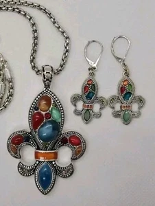 Silver Tone FLEUR DE LIS Set Earrings & Necklace multicolor rhinestone Acrylic - Picture 1 of 16