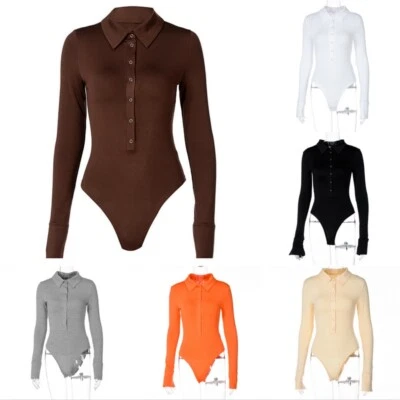 Damen Body Oberteil Langärmelig V-Ausschnitt Knöpfe Bodycon Slim - Bild 1 von 4