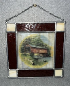 Vintage Stained Glass Frame With Covered Bridge Picture - Picture 1 of 10