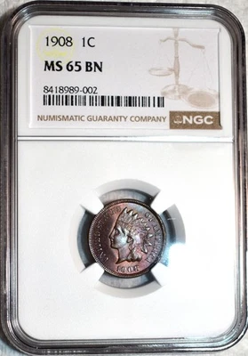 NGC MS-65 BN 1908 Indian Head Cent, Beautifully Toned Gem! - Image 1 of 2