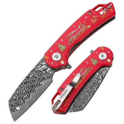 Cuchillo DREAMTECH Navidad Damasco Hoja Cuchilla Roja G10 Aleta EDC LIMITADO Foto 1 de 3