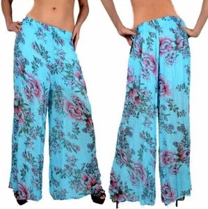 SOMMER DAMEN WEITE HAREMS HOSE PALAZZO 36 38 40 42 44 S M L XL STRAND PARTY BLAU - Picture 1 of 3