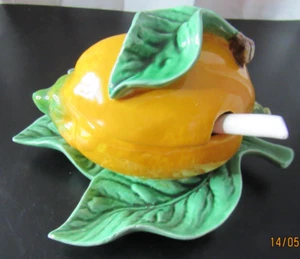 Vtg Bordallo Pinheiro Lemon Porcelain Marmalade Jam Pot & Spoon Portugal - Picture 1 of 12