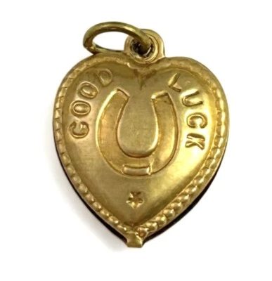Vintage Good Luck Charm Puffy Heart Pendant Horseshoe Vintage Jewelry Brass - Image 1 of 4