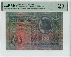 ROMANIA 100 Korona 1912 (1919), P-R20 TRANSILVANIA & BANAT Handstamp, PMG VF 25. - Picture 1 of 2