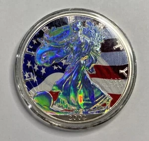 RARO 2002 ASE Holograma Bandera Águila Americana 1 Troya Oz 999 Moneda de Dólar de Plata Fina - Imagen 1 de 4