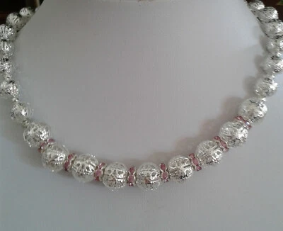 Schmuck Halskette Perlenkette  Filigrane Perlen mit Strassrondellen 44 + 4 cm - Bild 1 von 4