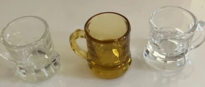 3 SMALL 1-3/4 GLASS MUG SHOT GLASSES/ TOOTHPICK HOLDERS (Z988) 2 CLEAR/ 1 AMBER - Picture 1 of 2