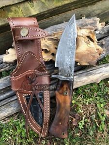 Handmade damascus Steel Fixed Blade Bushcraft Hunting Knife With Leather Sheath