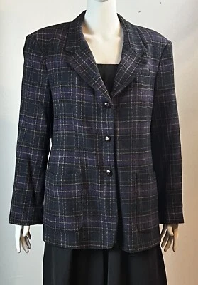 L L Bean Blazer Lambswool Blend Purple Black Plaid Boxy Jacket Women’s 16P - Image 1 of 4