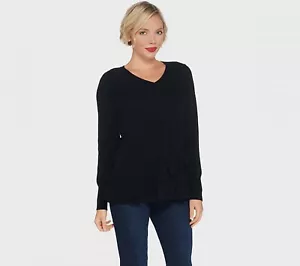Isaac Mizrahi Live! 2-Ply Cashmere V-Neck Ruffle Peplum Sweater, Black, M - Picture 1 of 12
