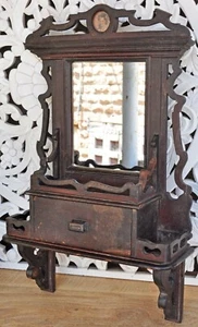 Telaio a specchio decorazione parete legno teak antico con cassetto originale vecchia intagliato a mano - Foto 1 di 9