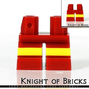 LEGO Minifigure Legs DARK RED Short with Horizontal Yellow Stripes - Picture 1 of 4