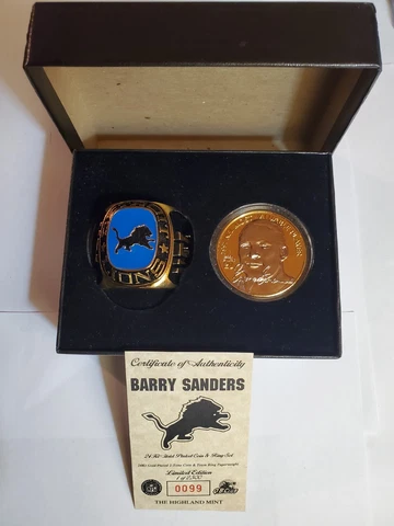 Highland Mint Barry Sanders 24k Plated Gold Ring And Coin Paperweight Limited Cover
