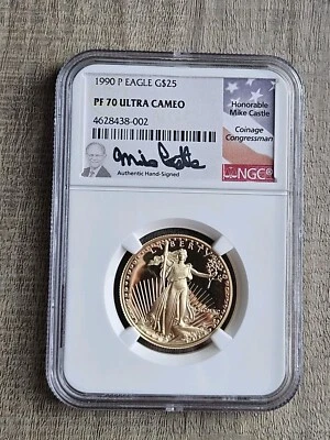 1990 P $25 Gold Eagle Proof meia onça NGC PF70 Castle Sig DATA CHAVE moeda rara - Imagem 1 de 3
