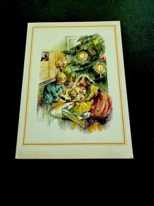 1 Biglietto Auguri Natale Vintage Bambini Preziosi che Corrono ad Aprire Regali Sotto Albero - Foto 1 di 3