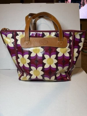 Bolso de Mano Fossil Floral PVC Recubierto Lona Cuero Borde Púrpura Amarillo Blanco Flor Foto 1 de 4