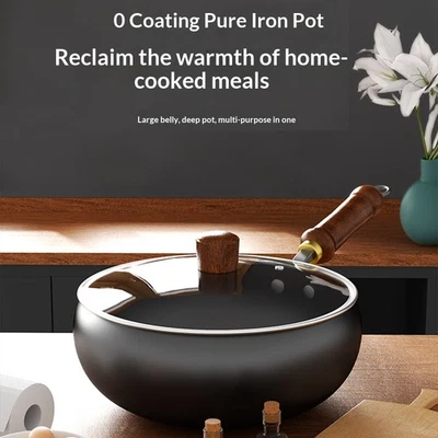 Wrought Iron Flat Bottom Wok with Glass Lid – Premium Kitchen Cookware - Image 1 of 4