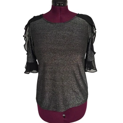 Blusa para mujer Bold Elements negra brillante mangas con volantes 3/4 | Talla mediana Foto 1 de 4