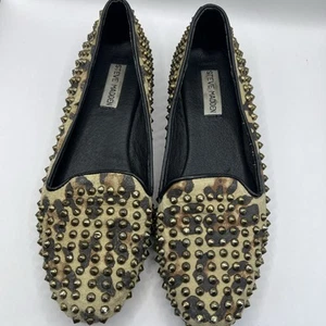 STEVE MADDEN Studly Flats Leather Gold Studs Animal Print Loafer Women's Size 9M - Picture 1 of 9