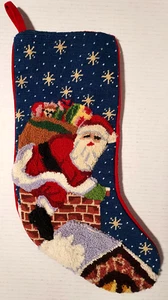 Vintage Wool Needlepoint Christmas Stocking Santa Coming Down The Chimney 18" - Picture 1 of 4