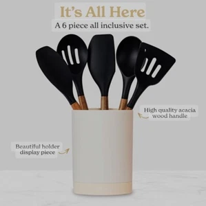 SMIRLY Silicone Kitchen Set & Holder: Silicone Cooking Set - 6 Piece , Black - Picture 1 of 3