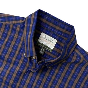 Cabelas Long Sleeve Shirt Mens Sz Large Brown Blue Plaid Button Up Front - Picture 1 of 6