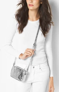 MICHAEL KORS Jet Set Small Silver Crackled Leather Crossbody Camera Bag £195 - Picture 1 of 3