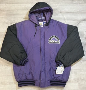 Vtg 90s Retro Colorado Rockies Black Purple Puffy Parka Jacket Men L Hood Coat - Picture 1 of 10