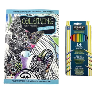 Coloring Cats & Dogs For Adults Coloring Book Sargent 24 Colored Pencils Bundle - Picture 1 of 7