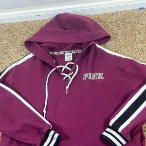 Pink Victoria's Secret Hooded Sweatshirt Maroon Hockey Strings w/ Pockets, Small - Picture 1 of 6