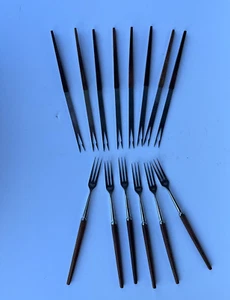Lot of 14 pc Japanese Narrow 3 tine Granny forks and Skewers, stainless and teak - Picture 1 of 7