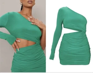 PLT pretty little thing bright green one shoulder cut out ruched dress size 10 - Picture 1 of 4