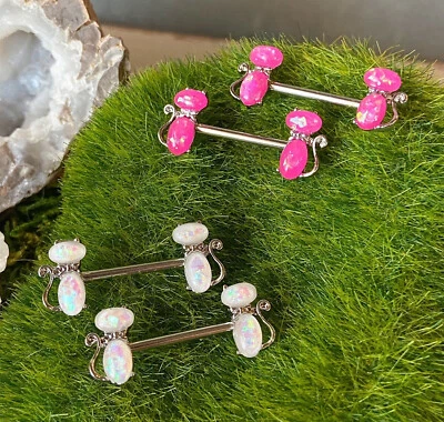 PAIR Opal Glitter Cat Nipple Rings Kitty Shields 316L Surgical Steel Barbells - Image 1 of 2