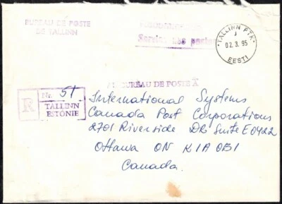 Estonia 1995 Registered Official Cover From Tallinn to Ottawa for Reconciliation - Image 1 of 4