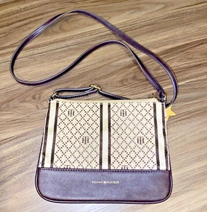 Tommy Hilfiger Canvas Leather Zip Crossbody Monogram Jacquard Bag Purse - Picture 1 of 10