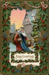 Xmas Greetings Santa Nap Sack Presents Christmas Postcard - Picture 1 of 2