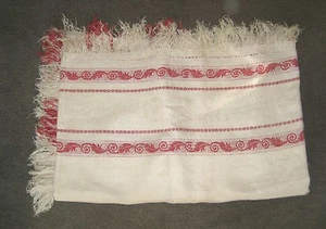 Vintage Französisch Türkei Rot getrimmt Damast Cremeweiß Leinen Tischdecke - Bild 1 von 3