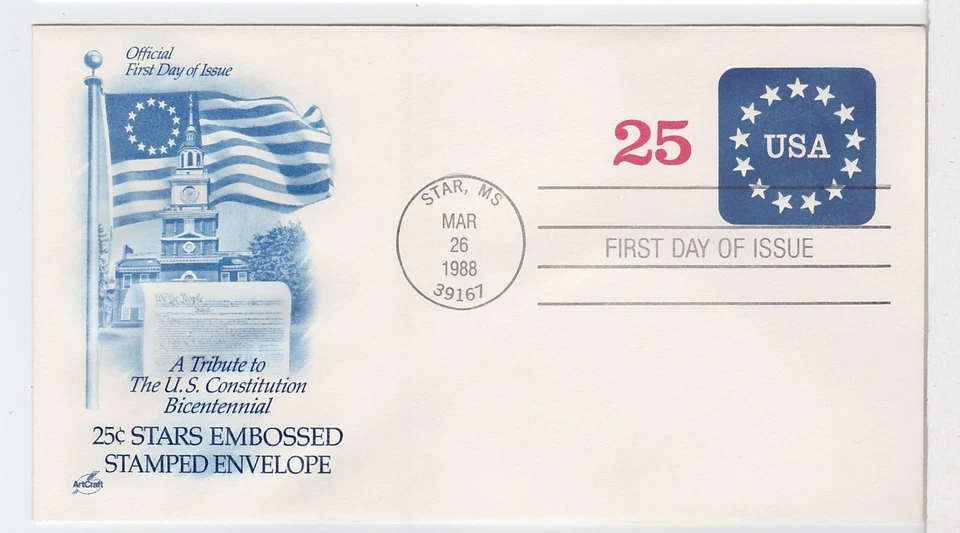 TurtlesTradingPost- USA With Stars 1988 #U611 FDC  Artcraft Cachet - Image 1 of 1