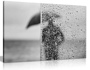 Black & White Rainy Day Man Silhouette Framed Canvas Print Wall Art Home Decor - Picture 1 of 6
