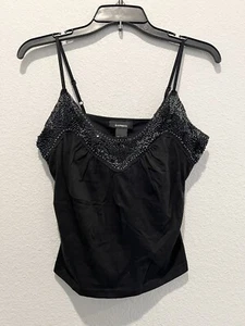 90s Y2K Express Black Camisole Beaded Mesh Neckline Cotton NWT Built in Bra Sz M - Picture 1 of 7