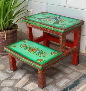 Hand painted wooden table peacock pair birds stool Indian ethnic bedside table - Picture 1 of 14