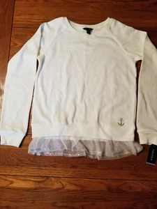 NWT Girls Nautica Long Sleeve Crew Pullover Sweater Ruffle Sequins Cream XL 16 - Picture 1 of 12
