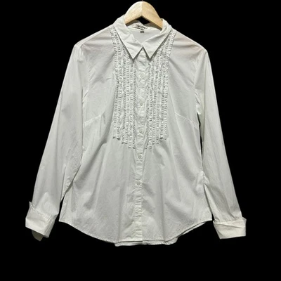 Blusa TravelSmith Mujer Botón M Blanca Volantes Frontal Preppy Minimalista Y2k Retro Foto 1 de 4