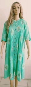 Utsa Sz.S Kurta Cotton Green & Brown Print 3/4 Sleeve Length Dress:43in Pockets - Picture 1 of 6