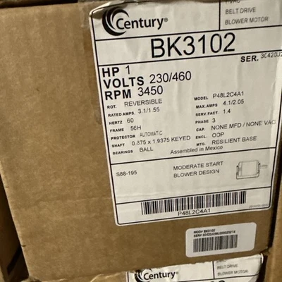 BK3102 Century 1 hp 3450 RPM 56H Frame 230/460V Belt Drive Blower Motor Century - Image 1 of 4