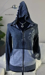 New VOCAL APPAREL Womens CRYSTAL BLUE DYED FLORAL HOODIE ZIP JACKET S Small Y2K - Picture 1 of 5