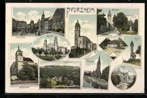 Pforzheim, Marktplatz, Saalbau, Bahnhofstrasse, Ansichtskarte  - Picture 1 of 2